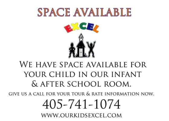 We have space available in our Childcare Facility. Visit our center now for your tour!