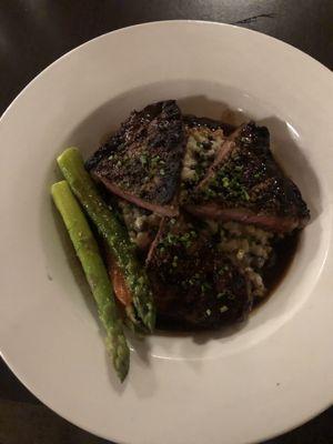 New York steak over risotto