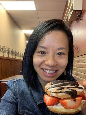 Fresh strawberries donut sandwich. Yum!