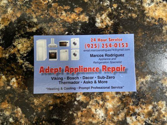 Marco's business card that he gave me after fixing my wine refrigerator.