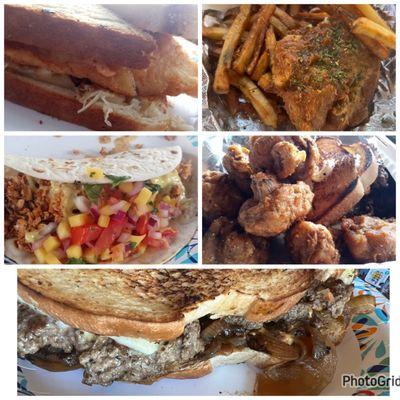 Frisco smash burger, jackfruit tacos, fish and chips, fish reuben, and fried mushrooms