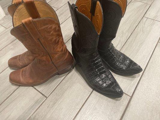 Two pair of cowboy boots, Moonshine by Brad Paisley and Handmade Lucchese Black Crocodile.