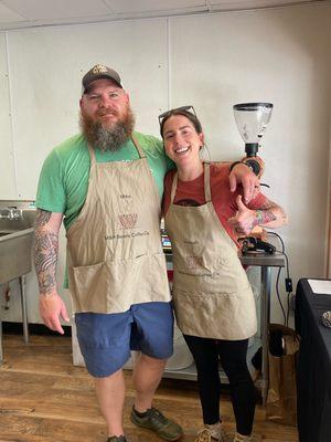 Your pals Mike and Hannah prepping the shop!