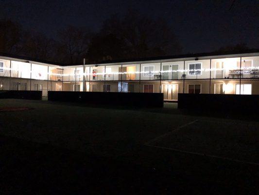 The apartments glowing in February.