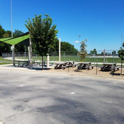 baseball field with picnic tables and shade cover