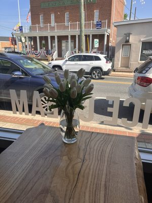 The view of Town Hall and Main Street. A small town cafe at its finest