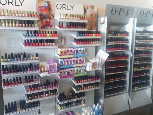 Tons of nail polish colors, mani-pedi tools.