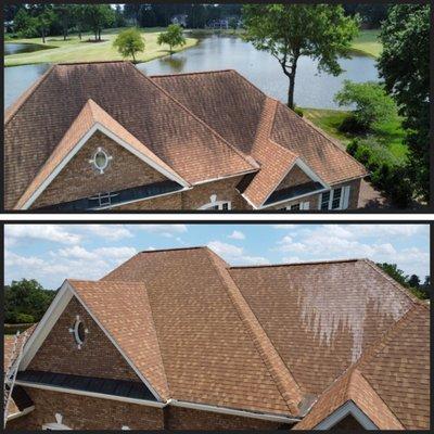 Before/After Spotless Mobile PowerWash cleaned this roof. Yes, we clean roofs. Give us a call today for your free estimate. 919-210-3802