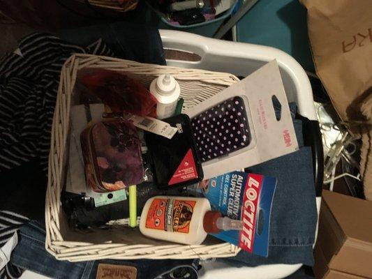 Basket on my closet shelf glue highlighter cc holder hair clip pair of jeans????