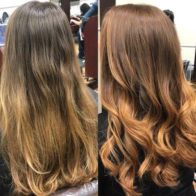 Before and after auburn balayage by Janine