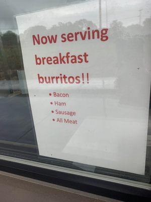 Breakfast burrito menu