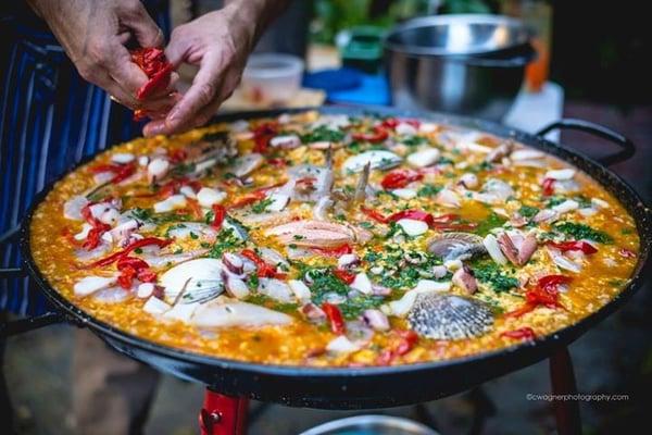 Spanish Paella is one of our offerings -- served in a box! Fresh, delicious, free delivery in San Francisco.