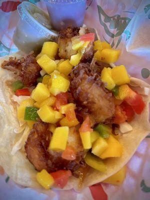 Coconut Shrimp Cowboy taco with mango salsa