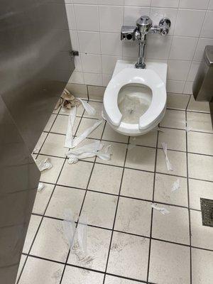 Nasty bathrooms. Always pee on the toilets/ TP everywhere. Not just once, every time I go in.