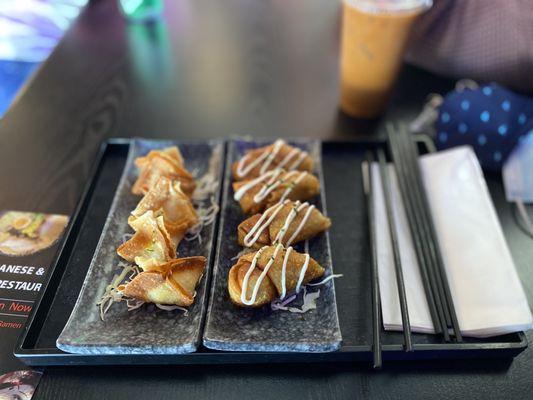 Honey cream cheese puff Rangoon and Japanese egg rolls