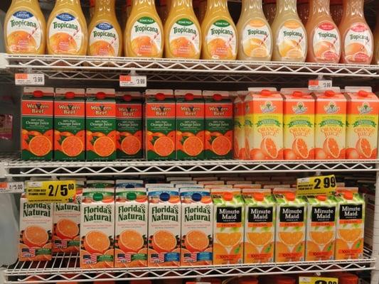 Various orange juice brands. The Western Beef brand orange juice is so tasty!