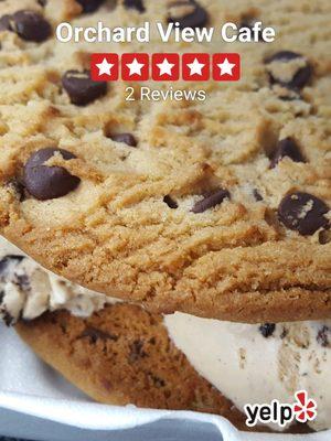 Chocolate chip cookie ice cream sandwich made with java cookie ice cream