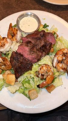 Caesar salad with steak special with added shrimp and crasse dressing on side