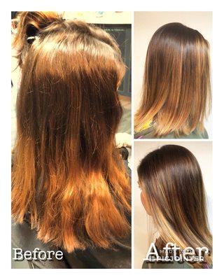 Brassy turned brunette balayage