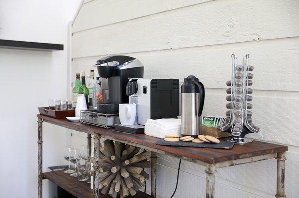 Beverage and snack table in waiting room.