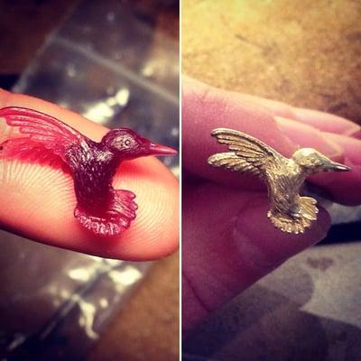 Custom Humming Bird pendant.  Wax carving on left and gold casting on right.