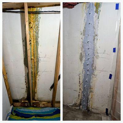 Basement wall crack before and after injection waterproofing with lifetime warranty