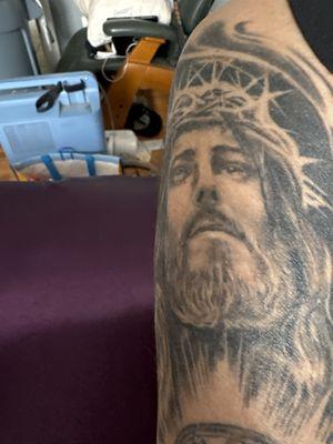 Jesus Christ tattoo created by Omar "The best damn tattoo artist I've ever met."