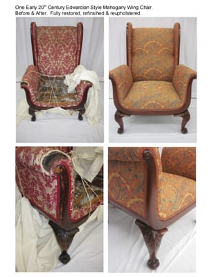 Early 20th Century Edwardian Style Mahogany Wing Chair - before & after