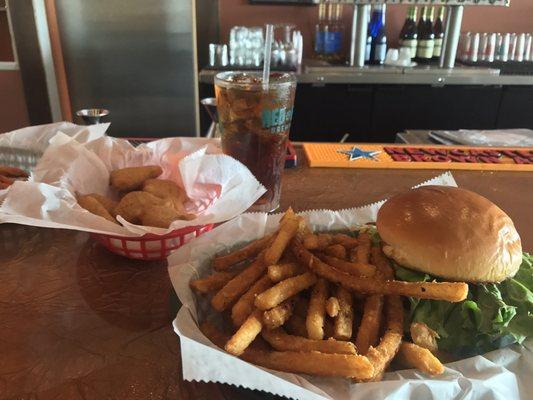 Bacon cheeseburger and fries with the mac and cheese bites. Tastes as good as it looks-delicious!!