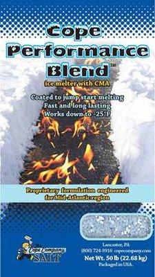 Cope Performance Blend ice melt formulated for Mid-Atlantic region.  Delivered in 50 lb bags with 49 bags per pallet.