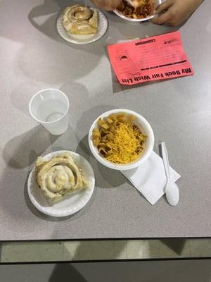 Curriculum night at school....      Chili and a cinnamon roll..