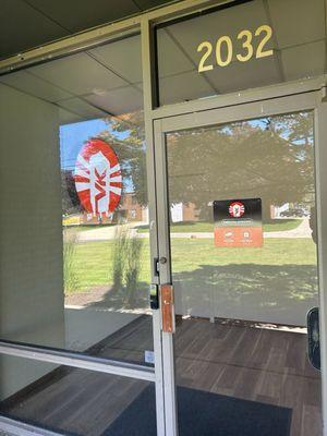 Employee entrance at front of building.