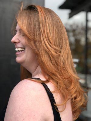 Copper toner and long layered haircut