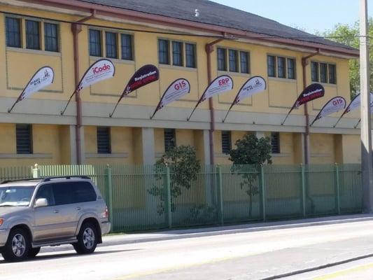 School and building flags.