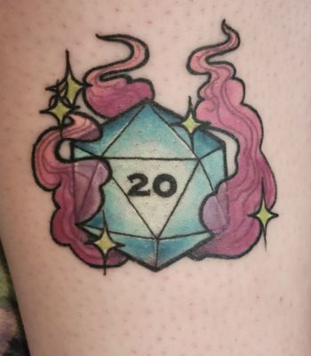 D20 Tattoo based on my love and over decade long enjoyment of the ttrpg game, done by the talented Skyla