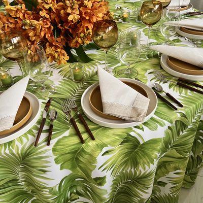 Green Palmtastic Tablecloth shown with Flax Classic Hemstitch Napkins