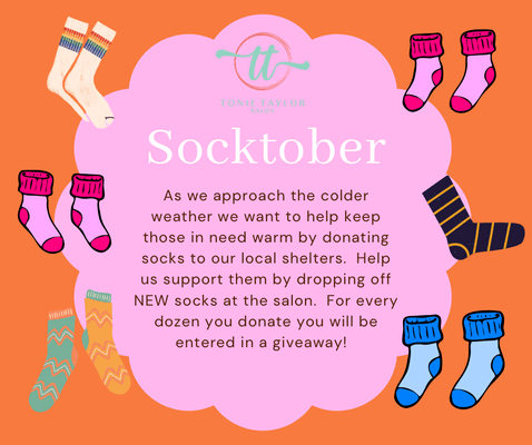 Please help us com tonie to give back to our community! We are collecting socks for our socktober event to give to our local shelter.