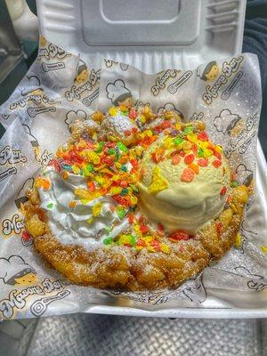 Fruity Pebbles Funnel Cake with Vanilla Ice Cream