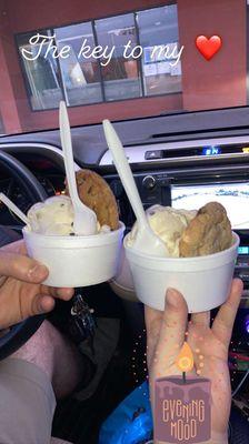 Cookie cup both with cookie dough ice cream one with a Tuxedo cookie and the other with a State Fair cookie.