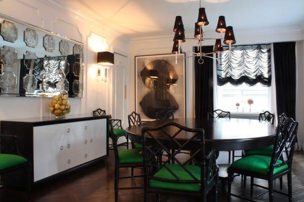 Black white and green dining room.