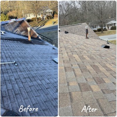 Before and after work of shingle roof installation.