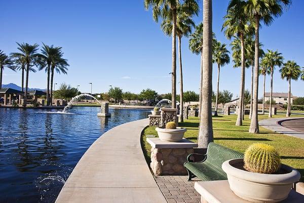 Enjoy the view of the lake from this comfortable bench. The lake is less than a 2 minute walk from the assisted living  house.