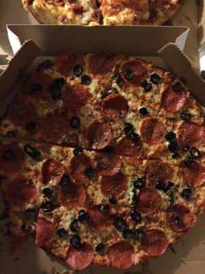 Thin crust pepperoni and black olives