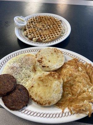 Pecan Waffle, 2 eggs over easy , 2 sausage patties, hash browns and a biscuit.