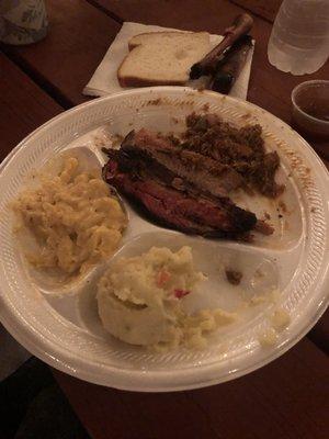 Mac & cheese, potato salad, brisket, ribs, pulled pork