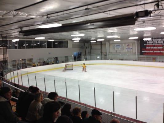 A view of the ice during a college hockey game