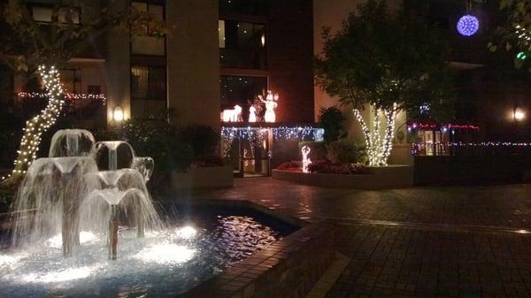 Holiday lights in a beautiful outdoor setting with wonderful water features just off the main lobby.