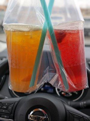 Peach tea with coconut jelly and raspberry tea with lychee jelly. Both are large.