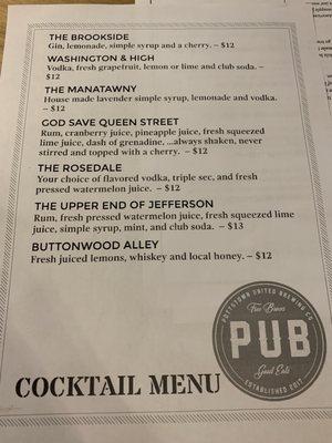 Cocktail menu as of Sept 2020