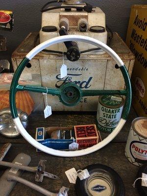 Vintage car parts and petroliana. Goodyear, Ford, Quaker State, steering wheel and more!